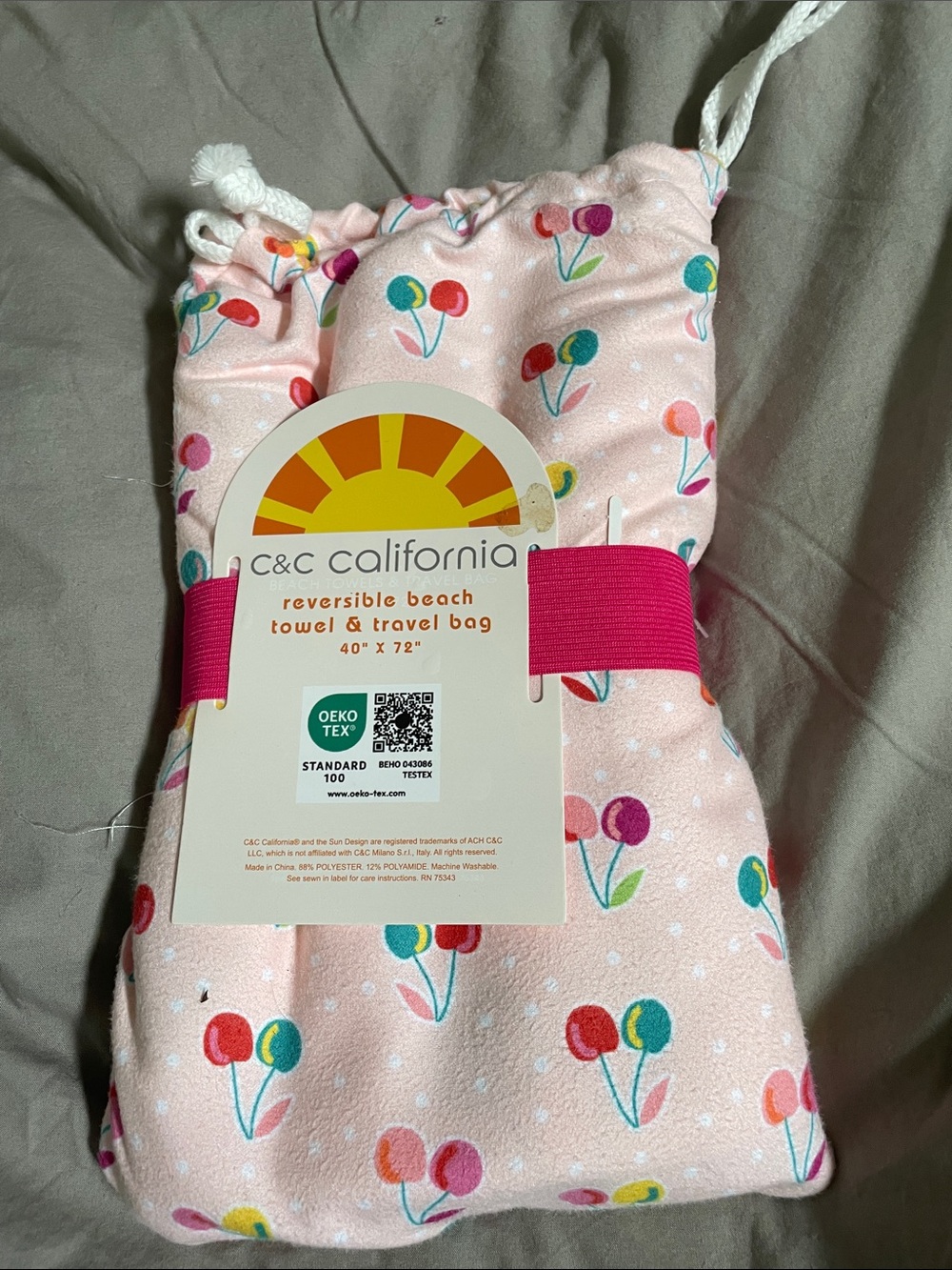 C&C California Pink Reversible Beach Towel & Travel Bag with Cherry Print